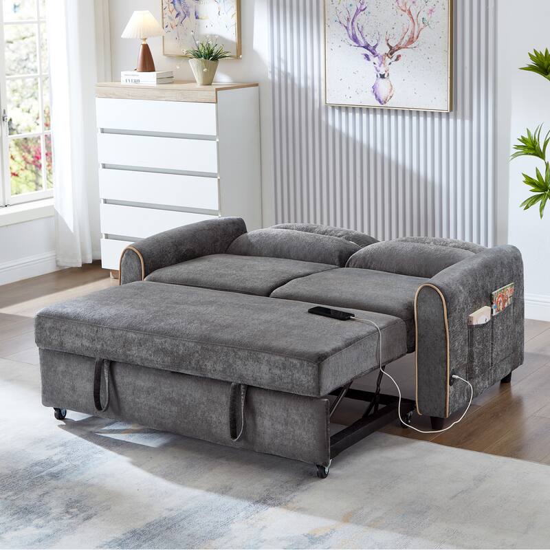 Roomfitters 58 Inch Chenille Pull Out Loveseat Sofa Bed with USB Ports and Side Storage Pockets, Modern