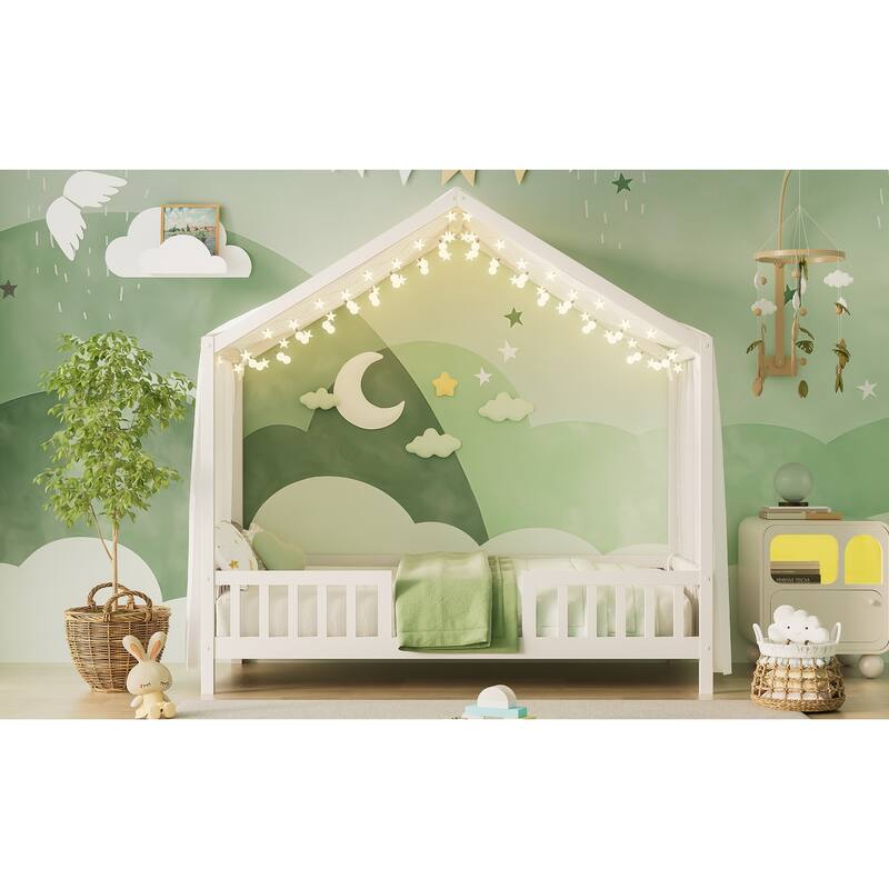 House-Shaped Twin Bed with Canopy and Railings for Kids, Montessori Floor Bed, White