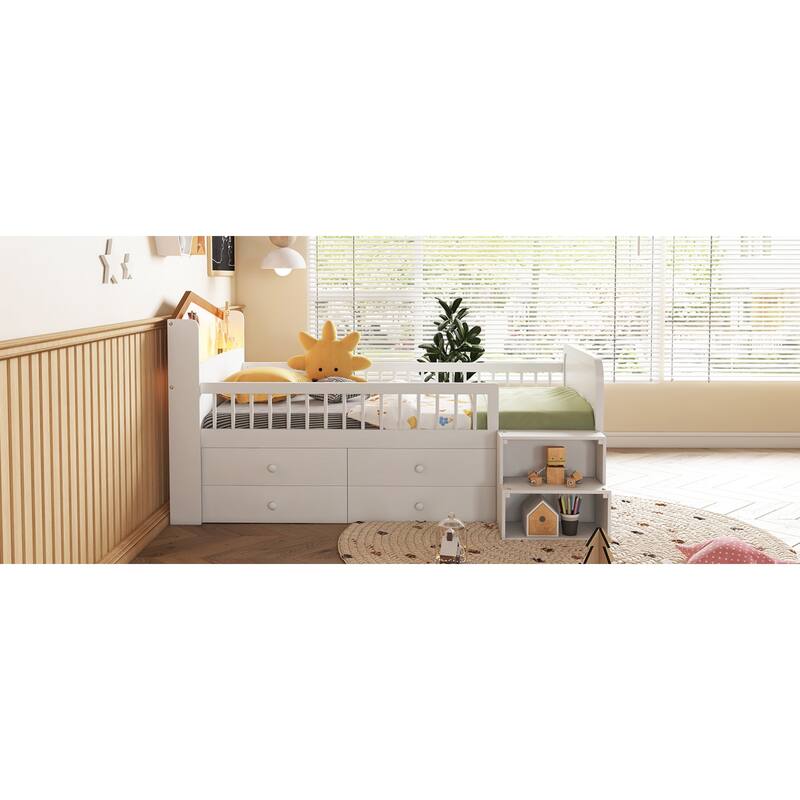 Roomfitters Twin Low Loft Platform Bed, LED House Headboard and Storage Drawers with Wooden Frame for Bedroom