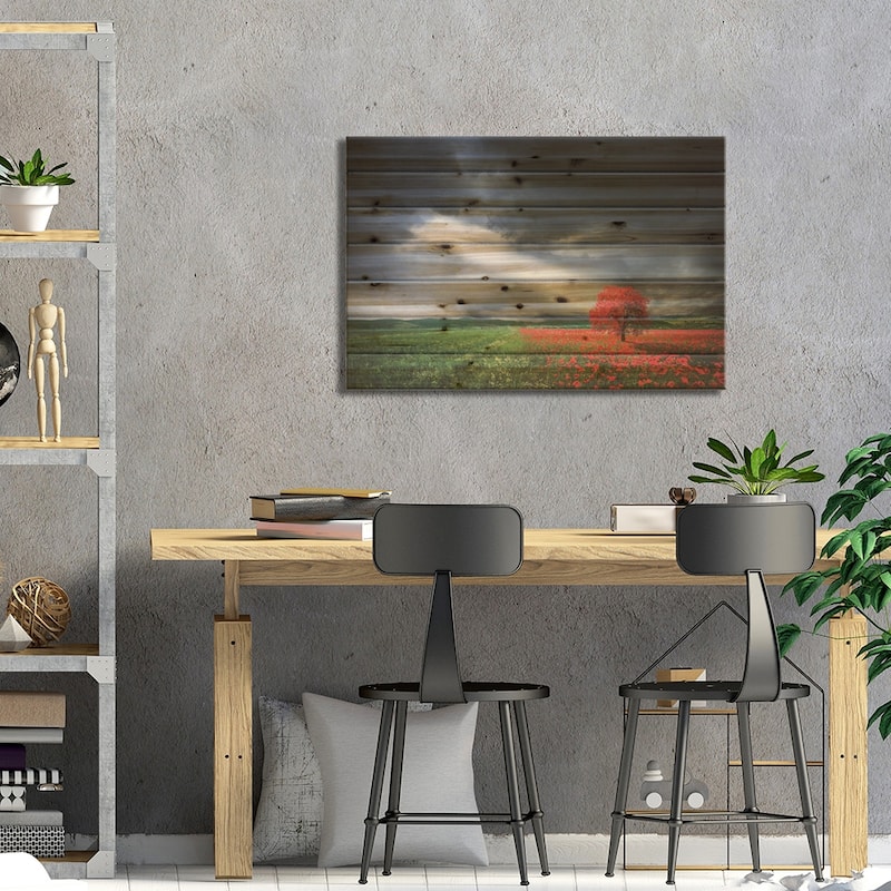 Red Tree In Meadow With Poppies Print On Wood by Bess Hamiti - Multi-Color