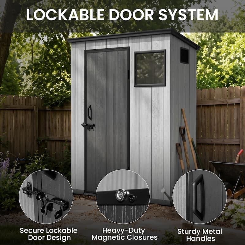 All-Weather Outdoor Storage Shed Waterproof Resin Garden Shed with Floor, Lockable Doors, Skylight for Lawn Tools & Bikes