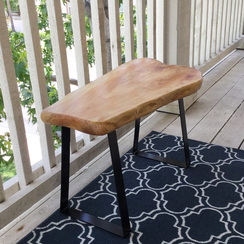 Greenage Live Edge Cut Cedar Roots Rustic Stool with Flat Iron Leg - 27.5" x 14" x 17.4"