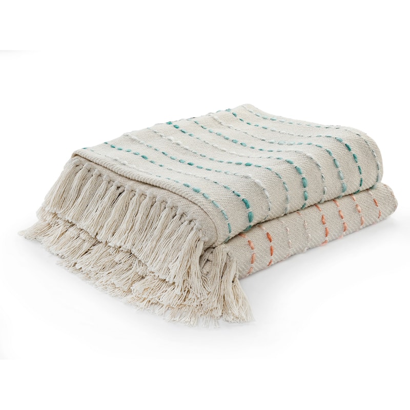 Sevita Hand-Woven Natural Cotton Striped Standard Size Throw Blanket with Fringe - Orange