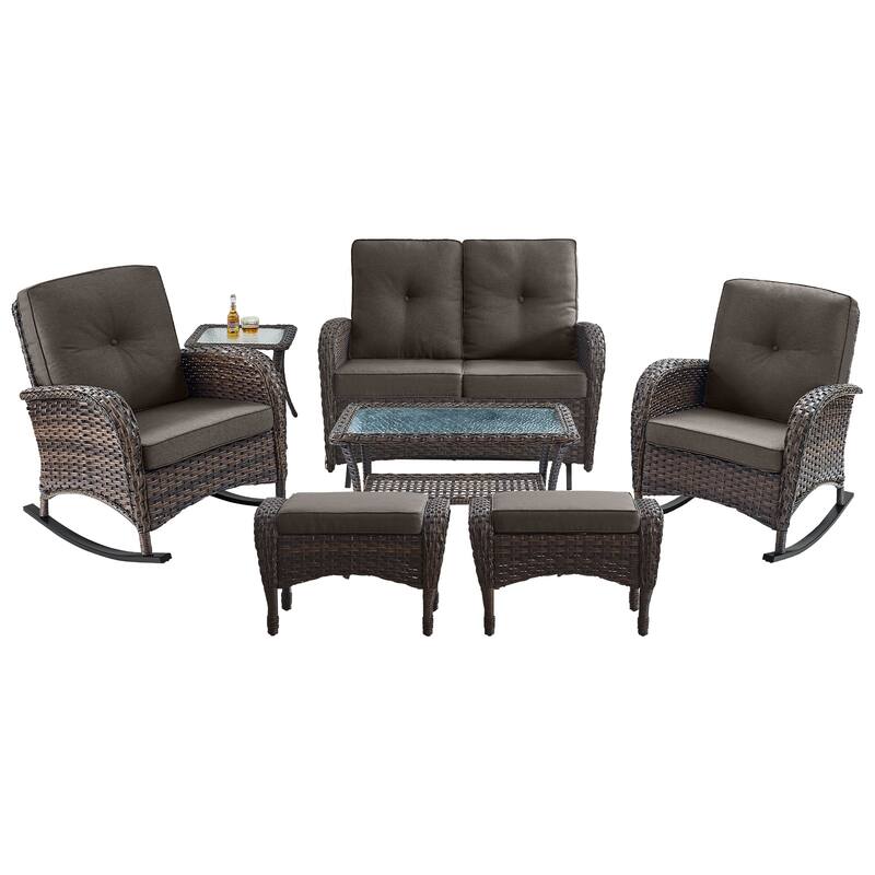 Pocassy 7 Pieces Glider Sofa with Rocker Chairs Ottomans Table