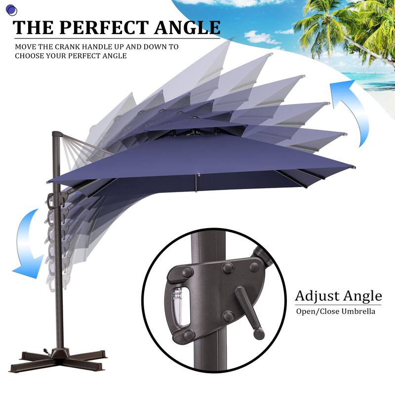 VredHom 10 Ft Square Dual Wind Vent Cantilever Patio Umbrella with Base