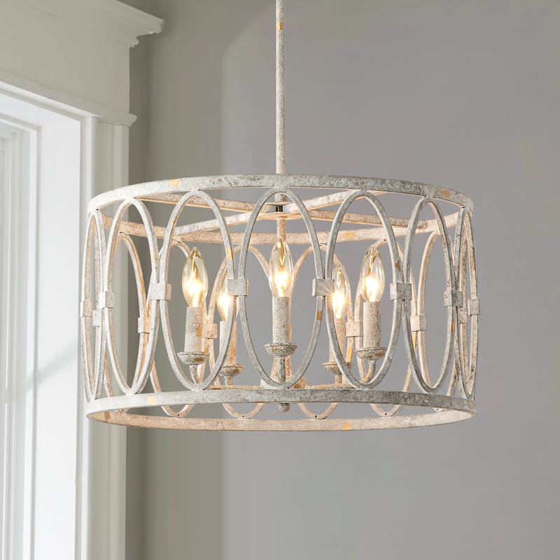 5-Light Industrial Antique White Geometric Drum Chandelier for Dining Room - 19.6 in. W x 11 in. H - 19.6 in. W x 11 in. H - Antique White