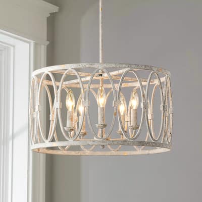 5-Light Industrial Antique White Geometric Drum Chandelier - 19.6 in. W x 11 in. H