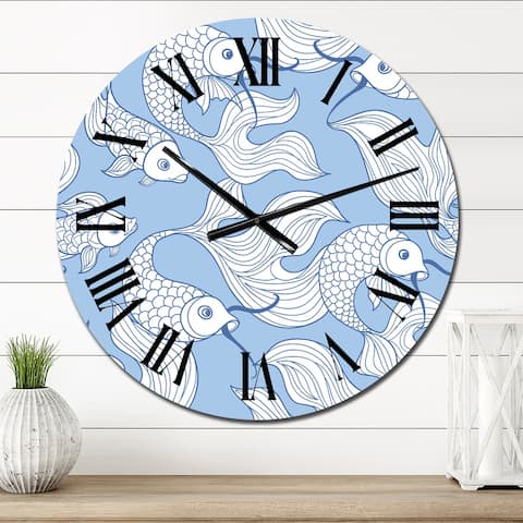 Designart 'White Abstract Fish On Blue' Nautical & Coastal wall clock