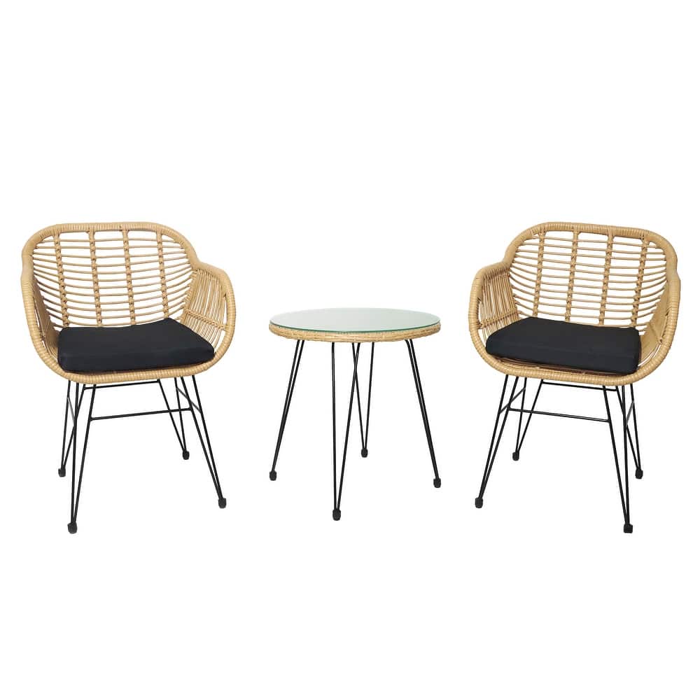 3 Pieces Outdoor Rattan Chair Conversation Sets with Glass Top Table