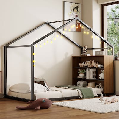 Twin Size Metal Bed House Bed Frame with Shelves and Lights