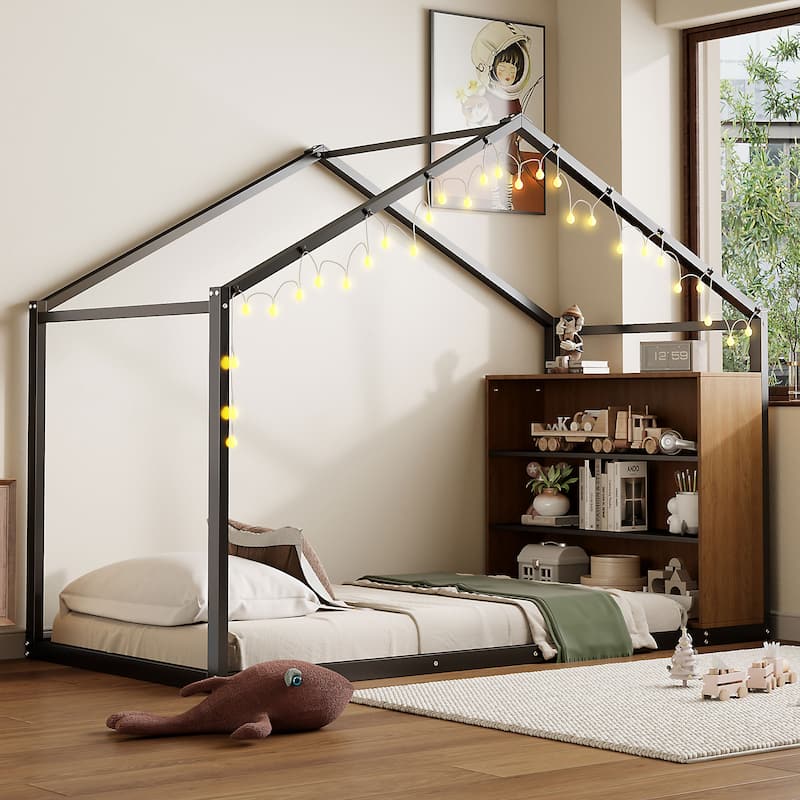 Twin Size Metal Wood House Bed Frame with Shelves and Lights for Kids - Twin - Black