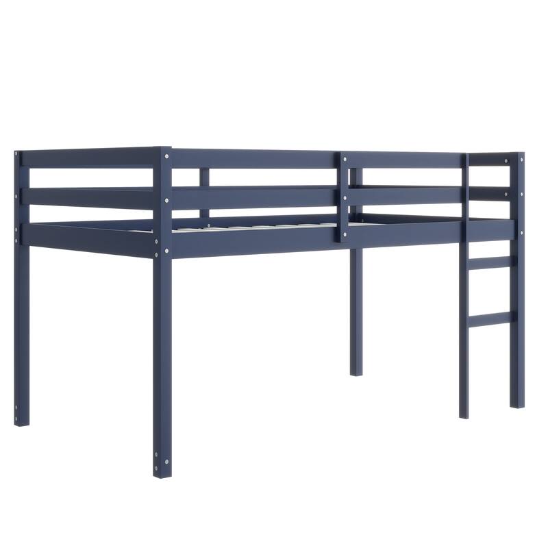 Twin size Rubber Wood Loft Bed with Ladder, 13 Strengthened Slats and Safety Guardrails