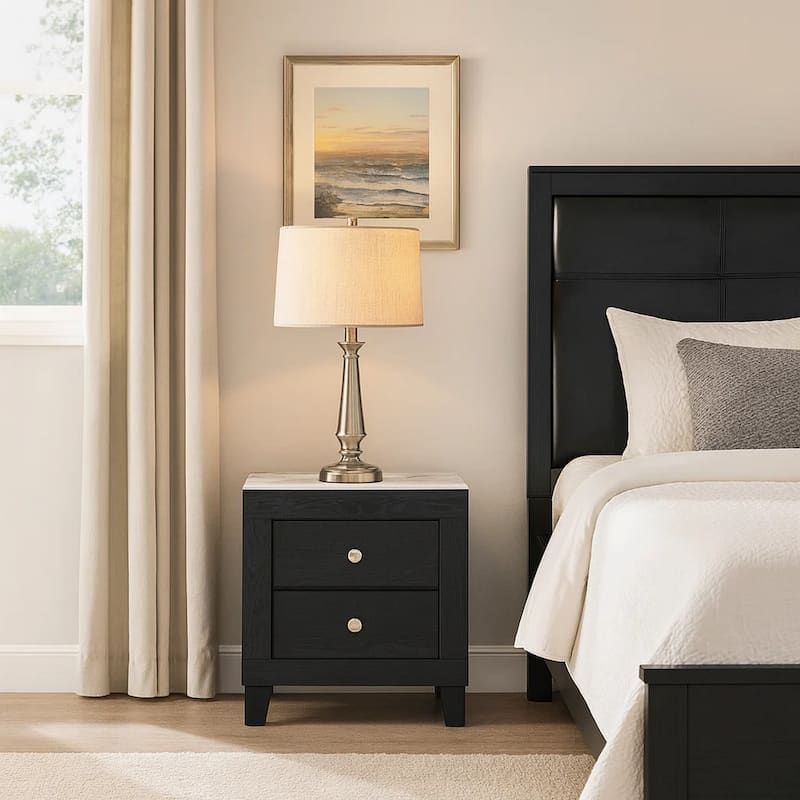 Yoh 23 Inch 2 Drawer Nightstand, White Marble Top, Metal Knobs, Black