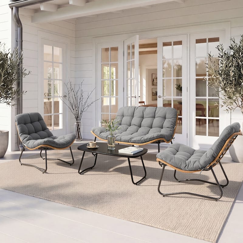 Double Papasan Chair Loveseat with Cushion, All-weather PE Rattan and Metal Frame for Indoor Outdoor - Dark Grey+2 single chairs+table