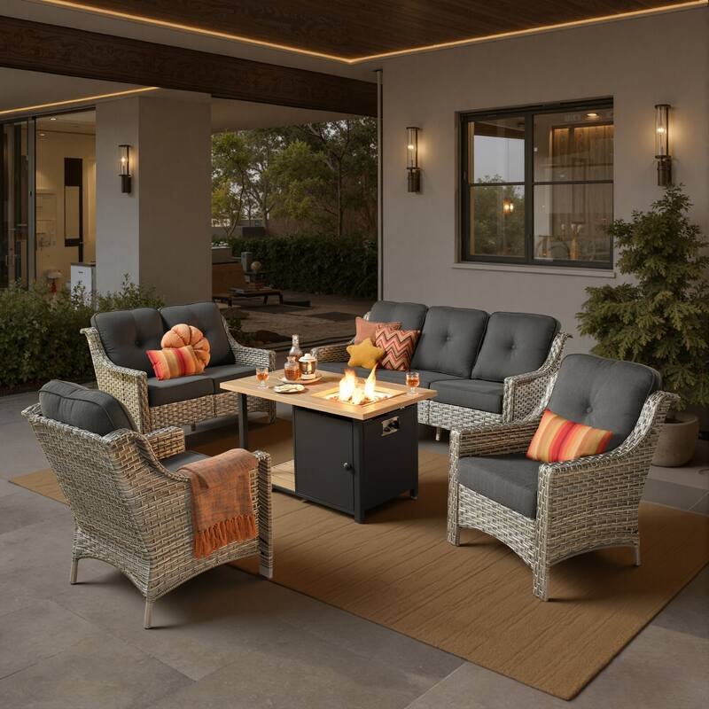 XIZZI 5-Piece Patio Wicker Furniture Conversation Set with Firepit - Black