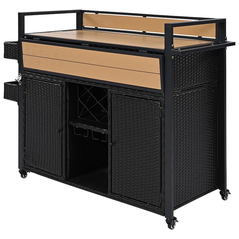 52.8"W Wicker Outdoor Grill cart with Extended Plastic Wood Table Top, Rolling Kitchen Island on Wheels with Storage Cabinet