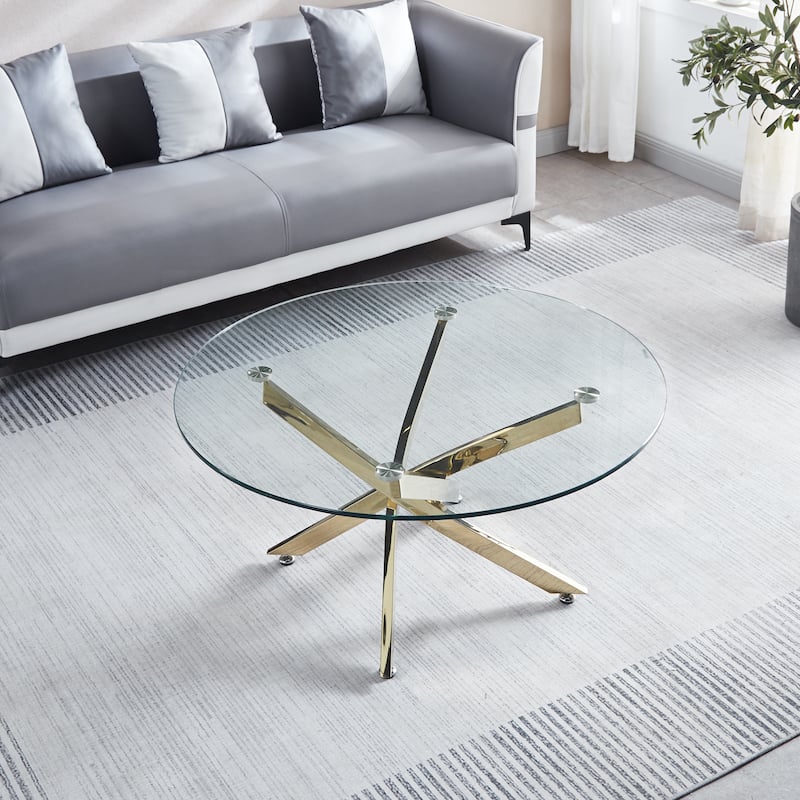 Modern Round Tempered Glass Coffee Table with Chrome Legs - Gold