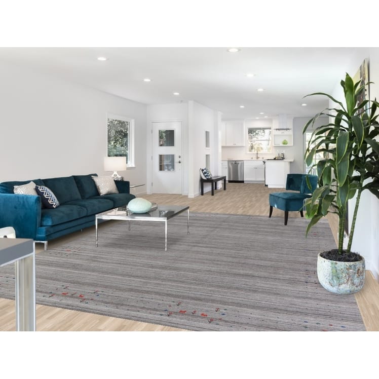 Hand Knotted Oriental 100% Wool Carpet Tribal Stripe Greys & Charcoal Gabbeh Area Rug - 12' 0'' X 9' 0''