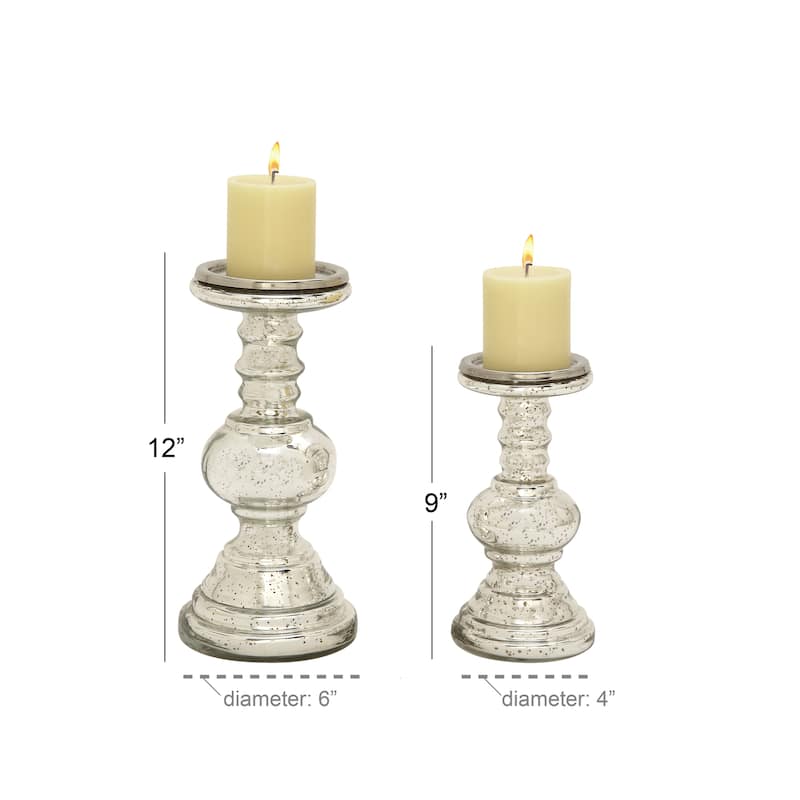 Silver Glass Handmade Turned Style Pillar Candle Holder (Set of 2)