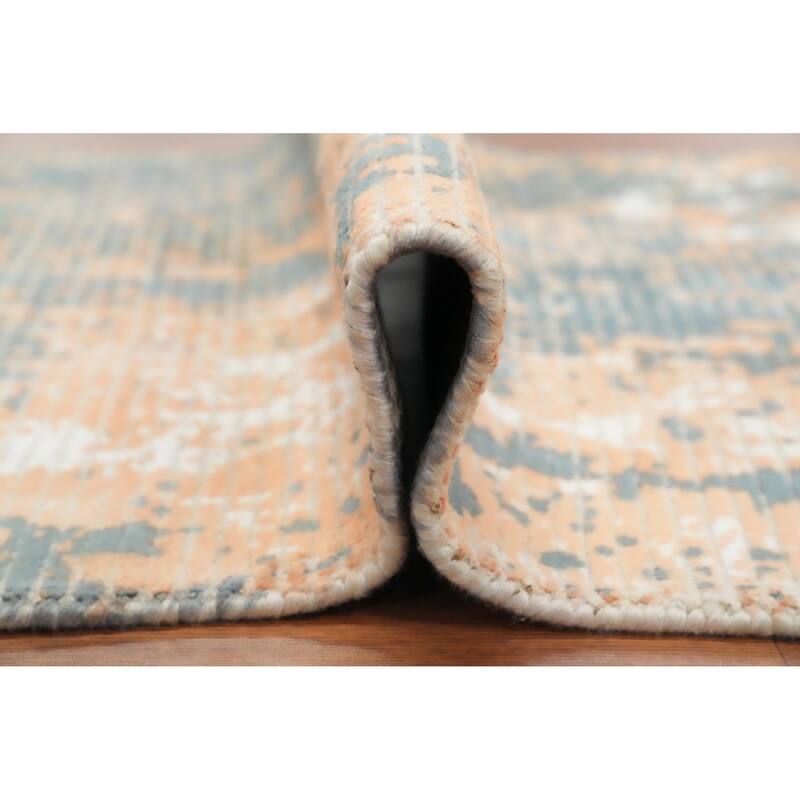 Hand Knotted Oriental Viscose Silk Carpet Modern All-Over Navy Blue & Blues Abstract Area Rug - 4' 0'' X 2' 0''