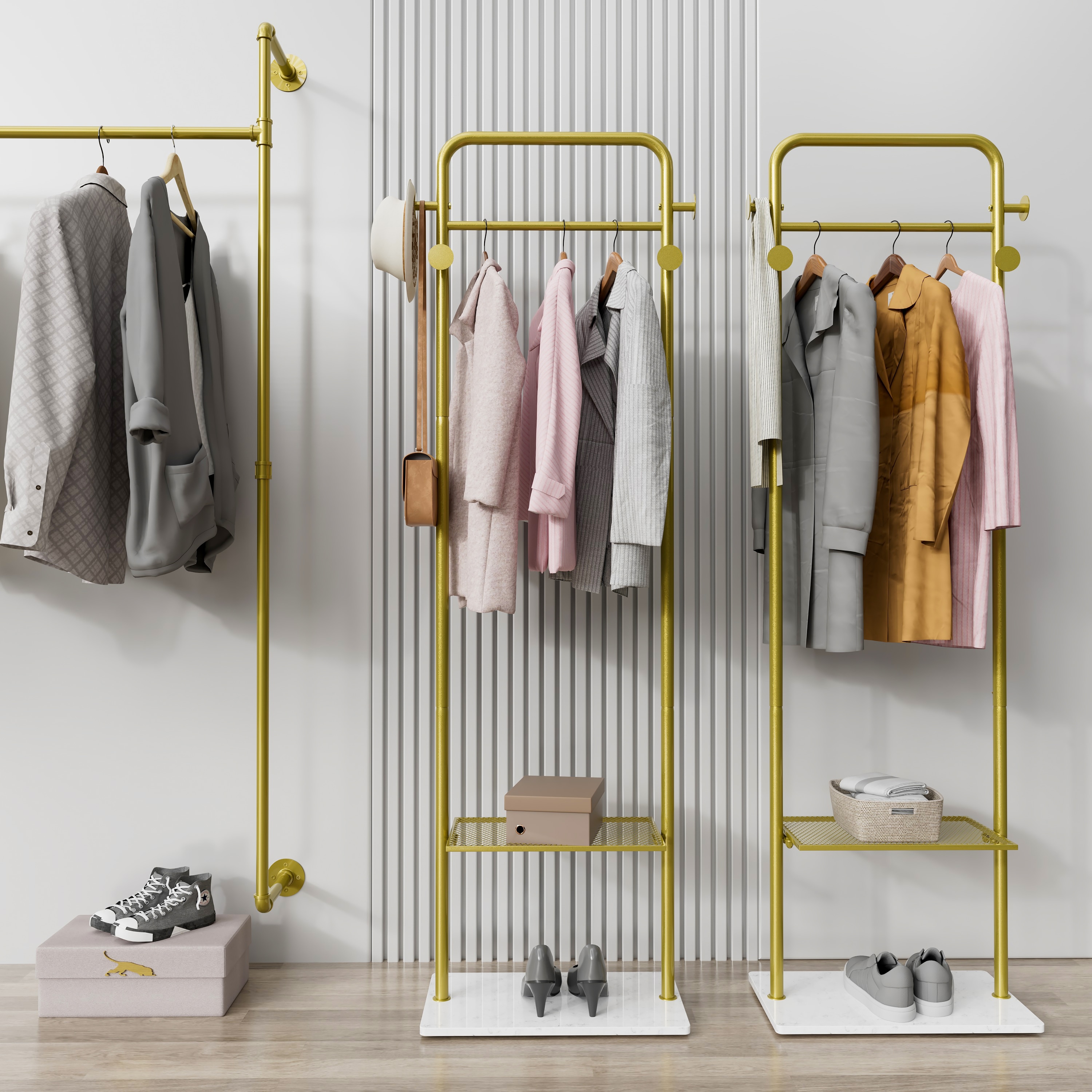 Corner Gold Metal Clothing Racks Freestanding for Hallway Entryway