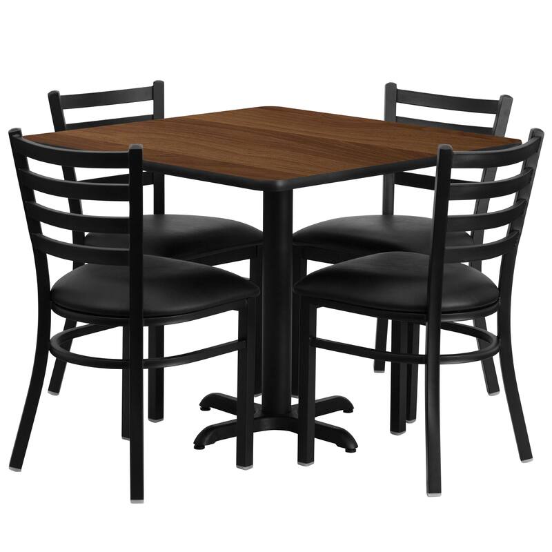 36'' Square Laminate Table Set with X-Base and 4 Ladder Back Metal Chairs -  Walnut Top/Black Vinyl Seat