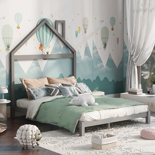 Full Size Wooden Platform Bed with House-Shaped Headboard and Solid Pine Construction