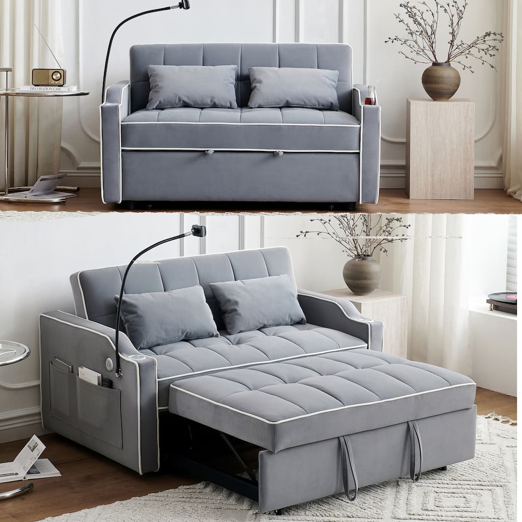 Convertible Sleeper Sofa Couch Bed, Velvet Tufted Loveseat Futon Sofa with USB Type C Port