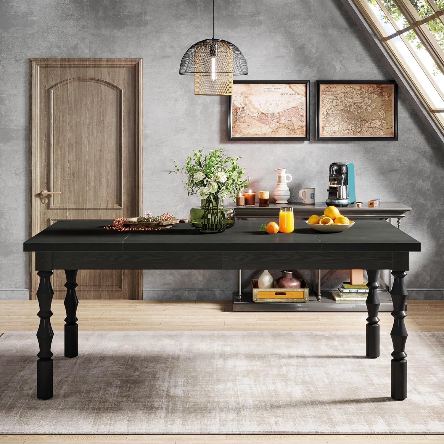 Modern Farmhouse Dining Table for 4-6, Rectangular Kitchen Table with Carved Legs, Sturdy and Versatile Design - Black