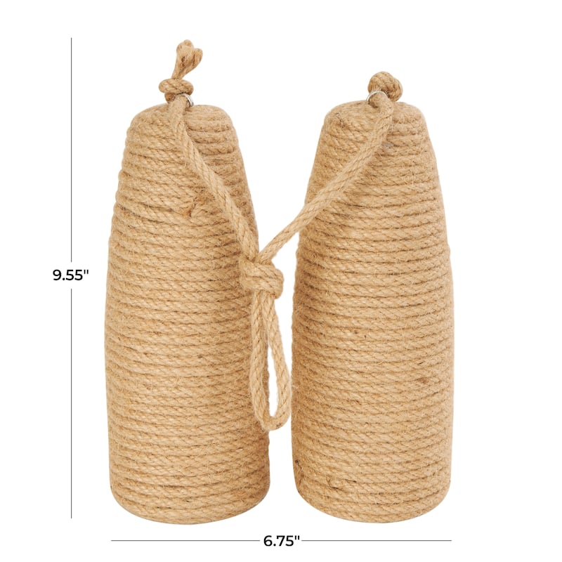 White or Brown Wood Handmade Coiled Striped Rope Buoy Sculpture with Joined Hanging Handle (Set of 2)