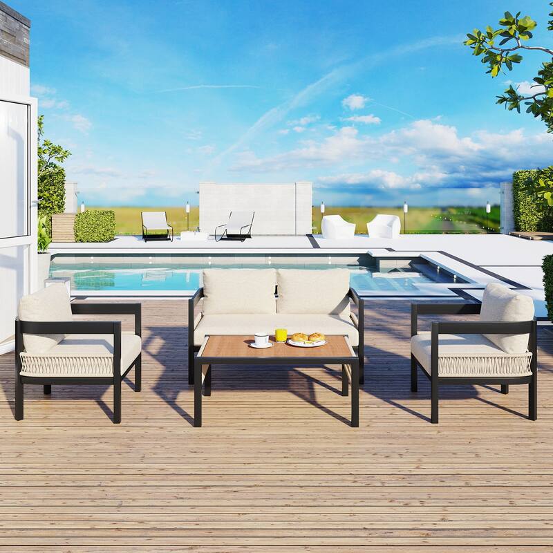 Multi-person Outdoor Iron Sofa Set with A table, Rattan Decoration, Waterproof, Rust-proof, Suitable for Garden