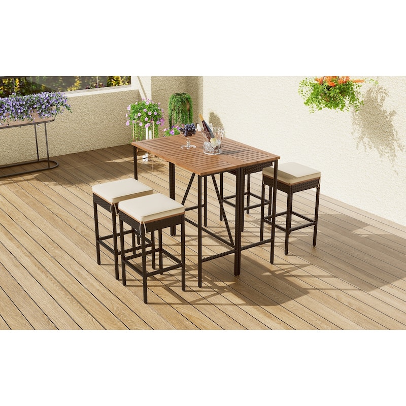 5-Piece Outdoor Acacia Wood Bar Height Table And Four Stools With Cushions - Beige