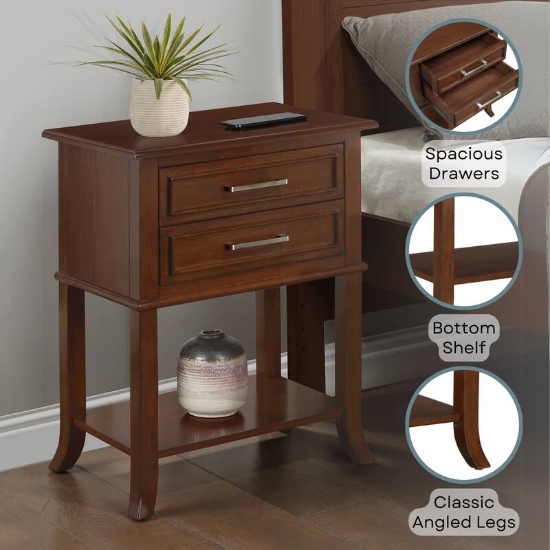 2 Drawer End Table with Shelf Transitional Storage Nightstand Solid Wood Legs Flared Base Beveled Edge Accent Table - 22