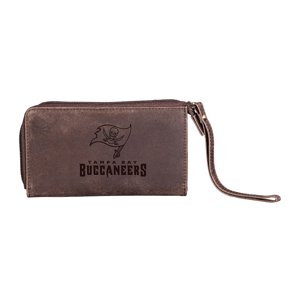 Brown Leather Cell Phone Wristlet Wallet, Tampa Bay Buccaneers - 4" x 7"