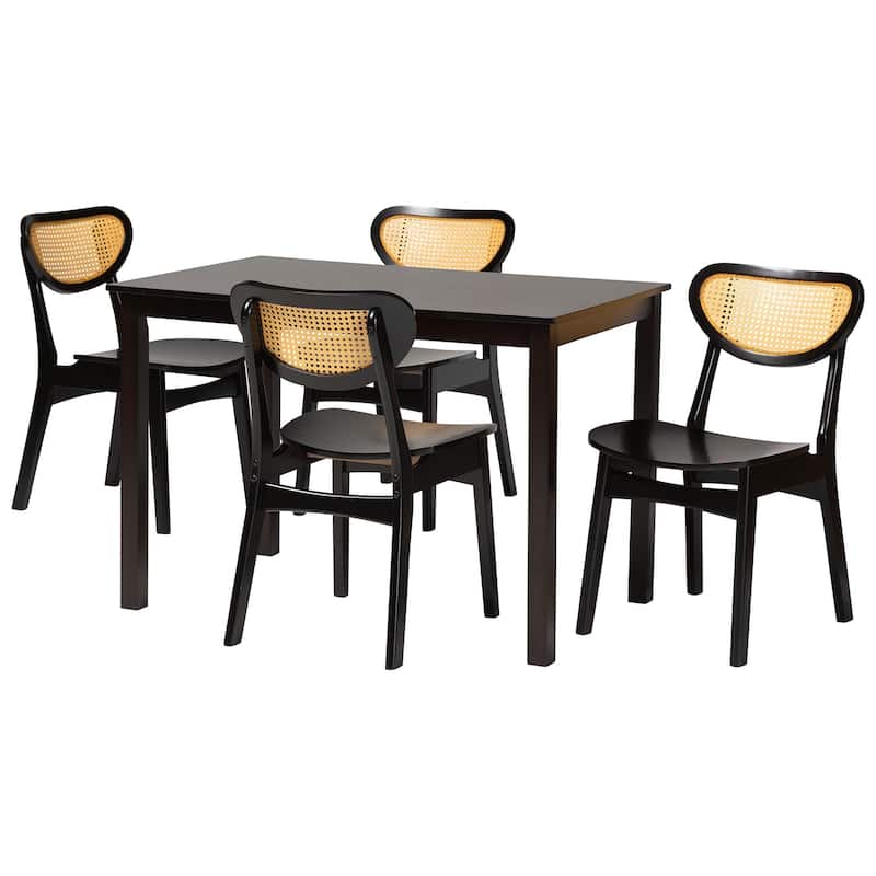 Jeriah Mid-Century Wood and Woven Rattan 5-Piece Dining Set