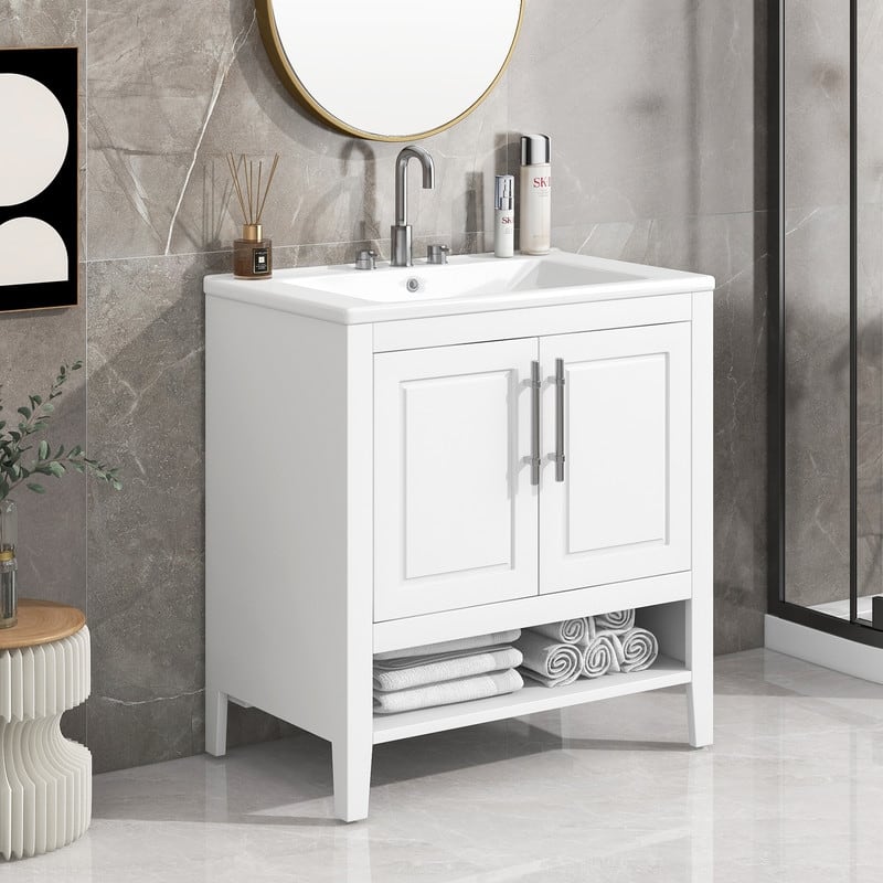 30" Bathroom Vanity with Sink, Multi-functional Bathroom Cabinet with Doors and Drawers, Solid Frame and MDF Board - White
