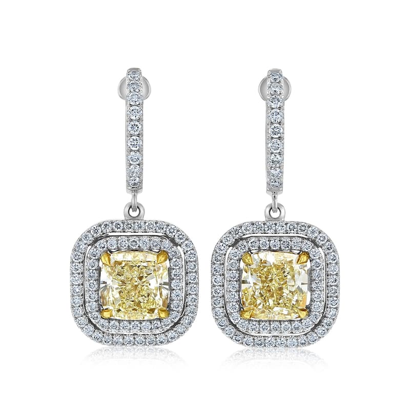 Kobelli 6.21 Carat Yellow Diamond 18k Solid White Gold Square Double Halo Liora Dangle Earrings
