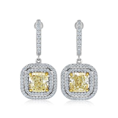 Kobelli 6.21 Carat Yellow Diamond 18k Solid White Gold Square Double Halo Liora Dangle Earrings