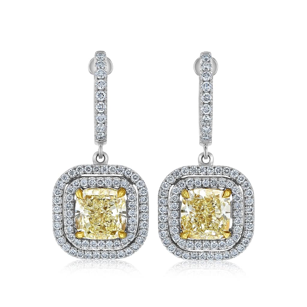 Kobelli 6.21 Carat Yellow Diamond 18k Solid White Gold Square Double Halo Liora Dangle Earrings