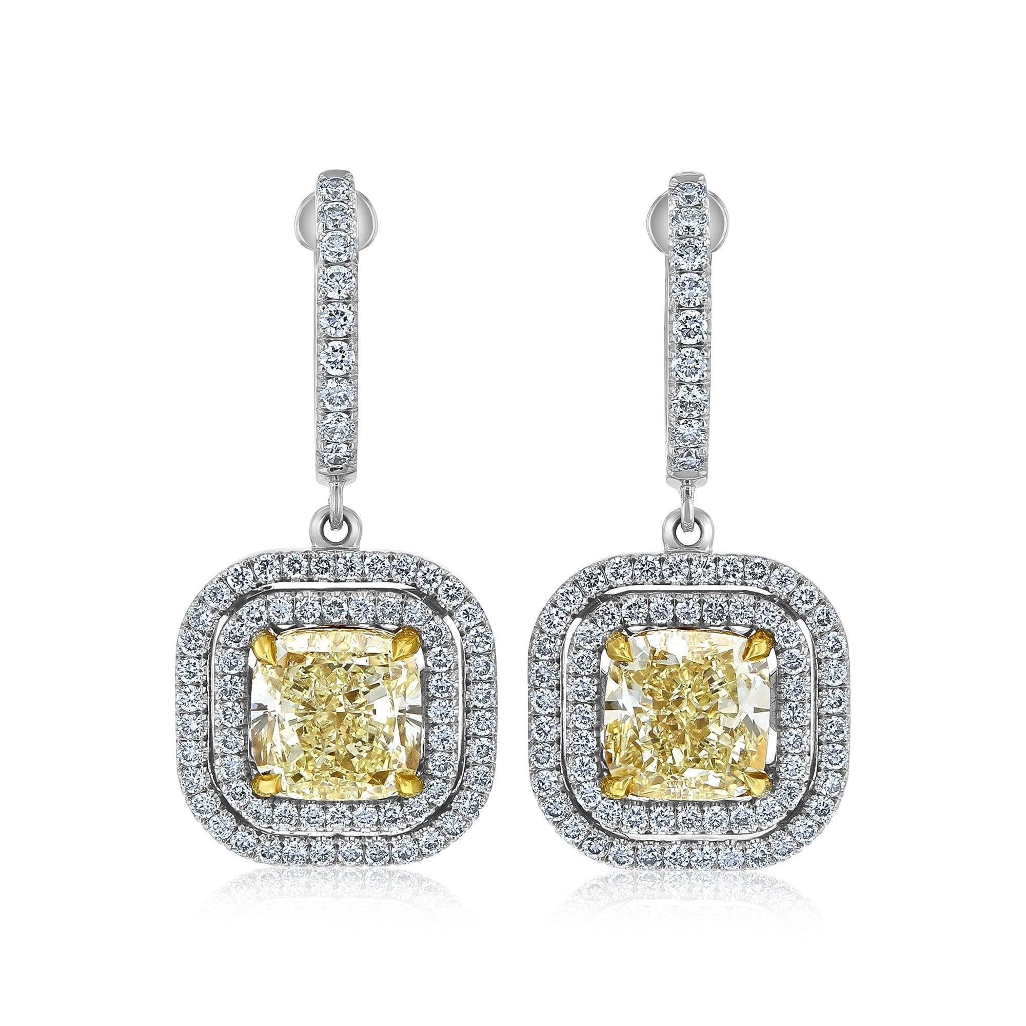 Kobelli 6.21 Carat Yellow Diamond 18k Solid White Gold Square Double Halo Liora Dangle Earrings