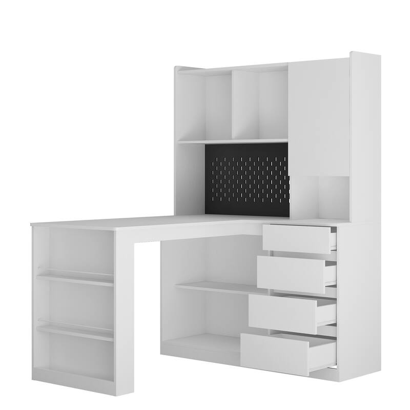 Roomfitters Modern L Shaped Computer Desk with Charger & LED, Corner Workstation with Drawers, Pegboard & Bookshelf