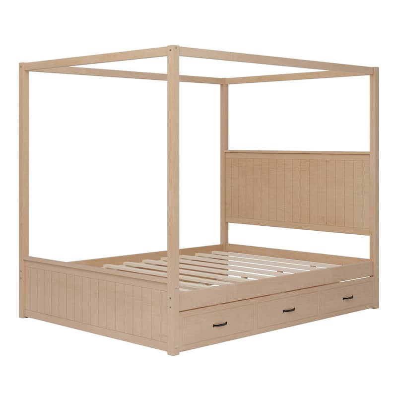 Queen Size Canopy Bed Platform Bed with Trundle Drawers Under-bed