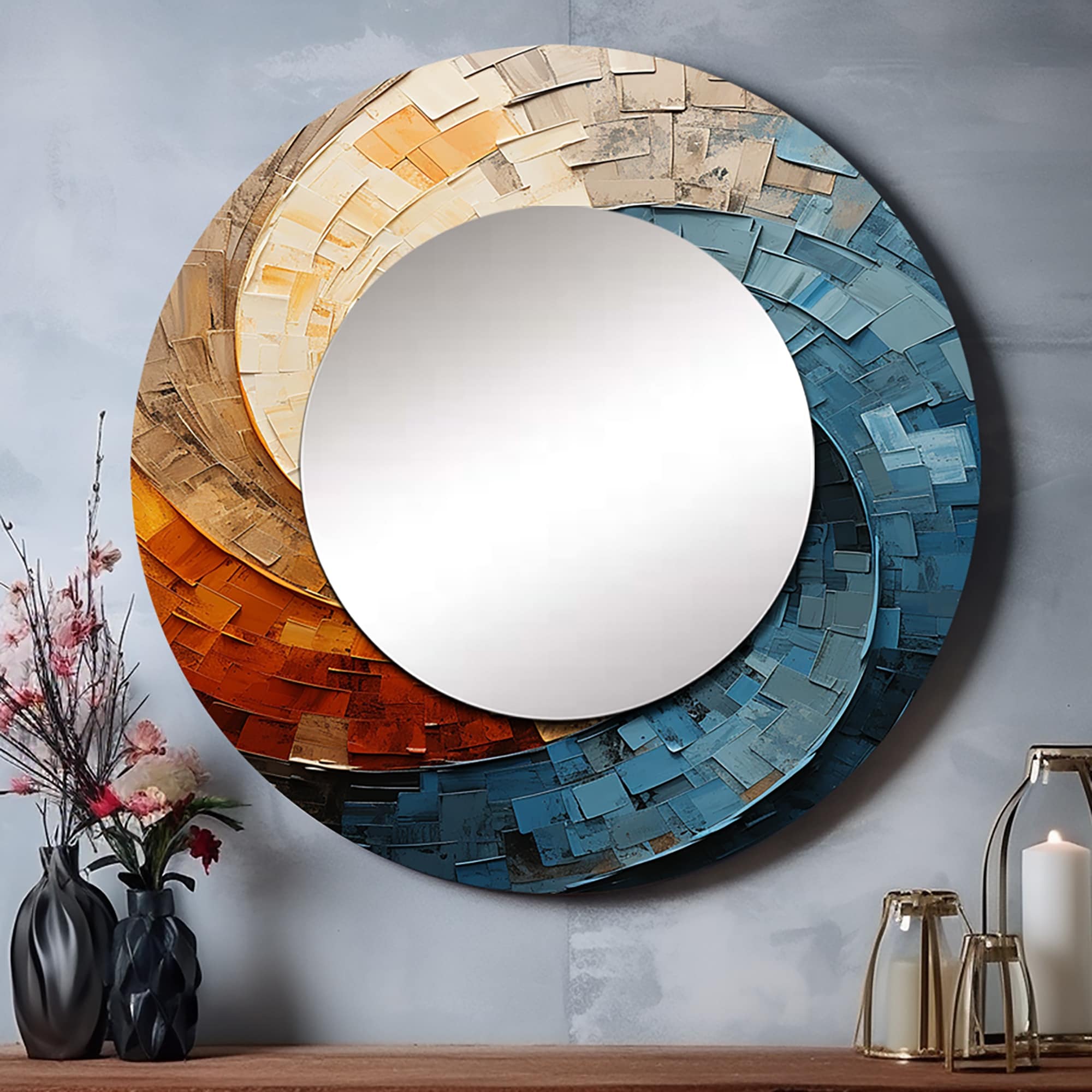 Designart "Collaged Spiral" Printed Abstract Round Bathroom Mirror - Green Modern Round Wall Décor