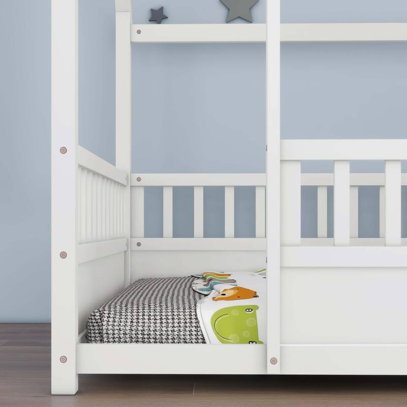 Full Size Floor Wooden Bed with Fence Guardrails