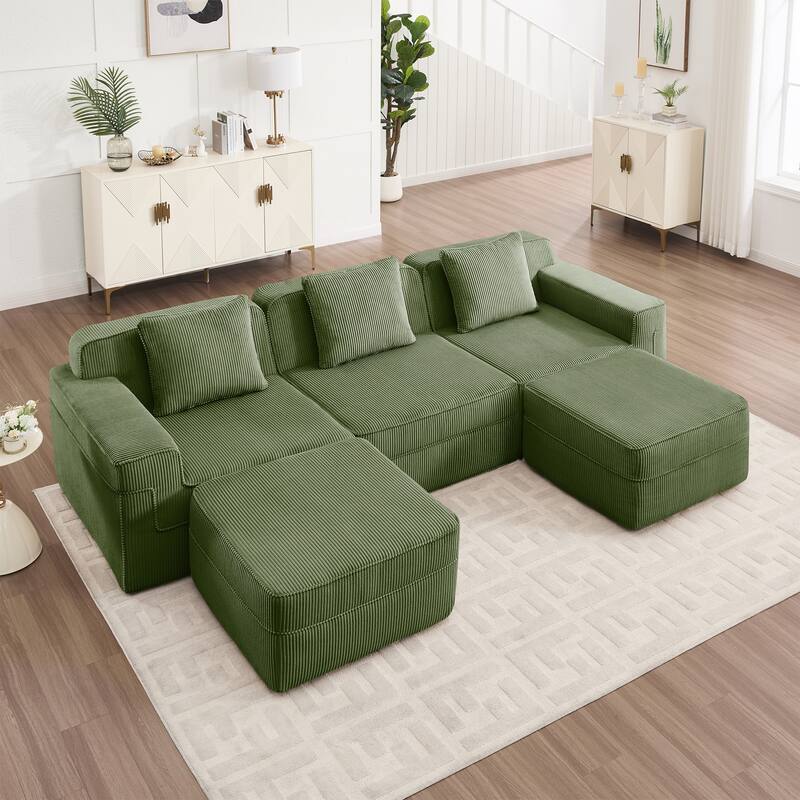 GDFStudio - Corduroy Modular 3-Seater 117.3" U-Shaped Boneless Cloud Sofa with 2 Ottomans - Green