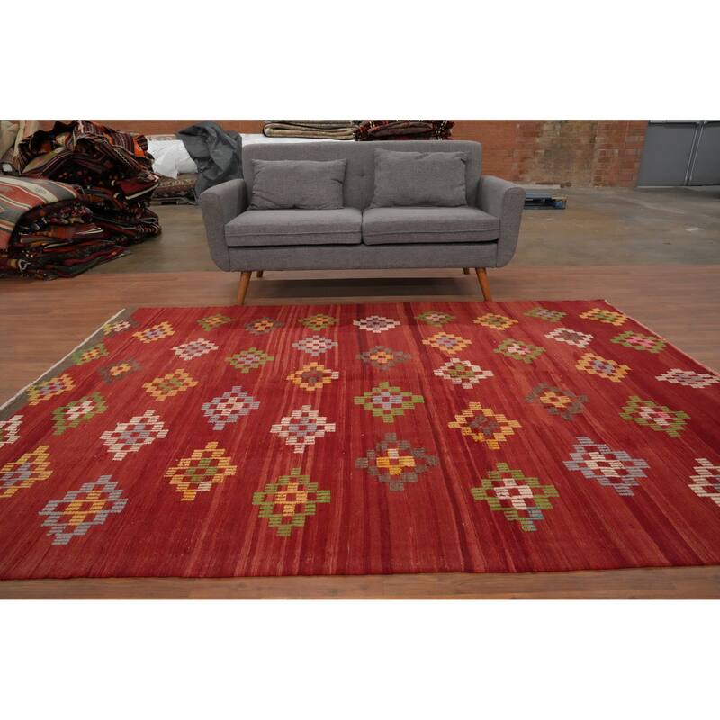 Hand Woven Oriental 100% Wool Carpet Southwestern Tribal Red Kilim Area Rug - 8' 8'' X 6' 5''