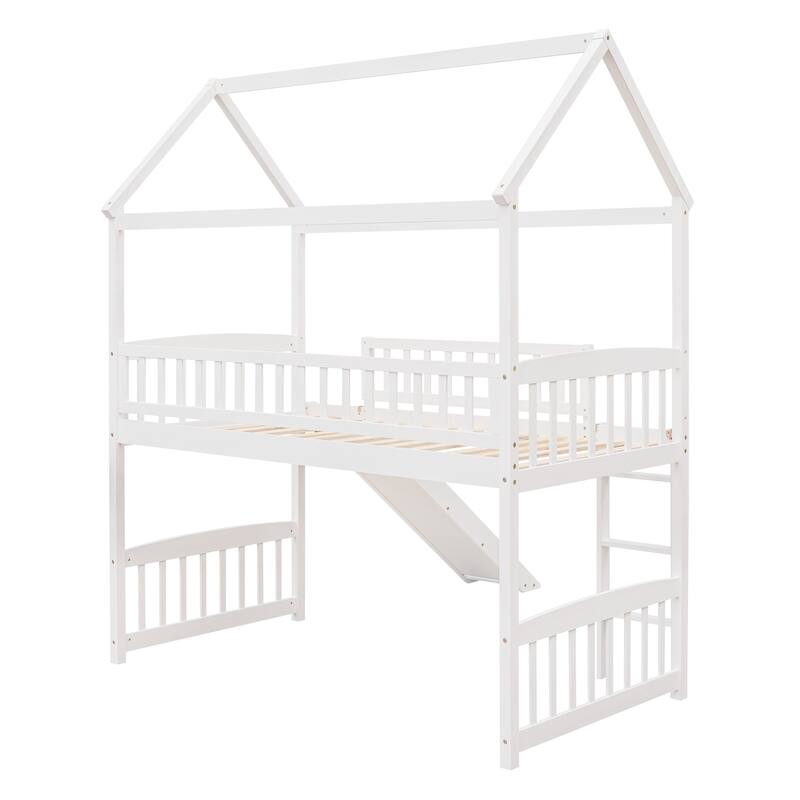 White Twin Loft Bed with Slide and House Design, Space-Saving Kids Furniture