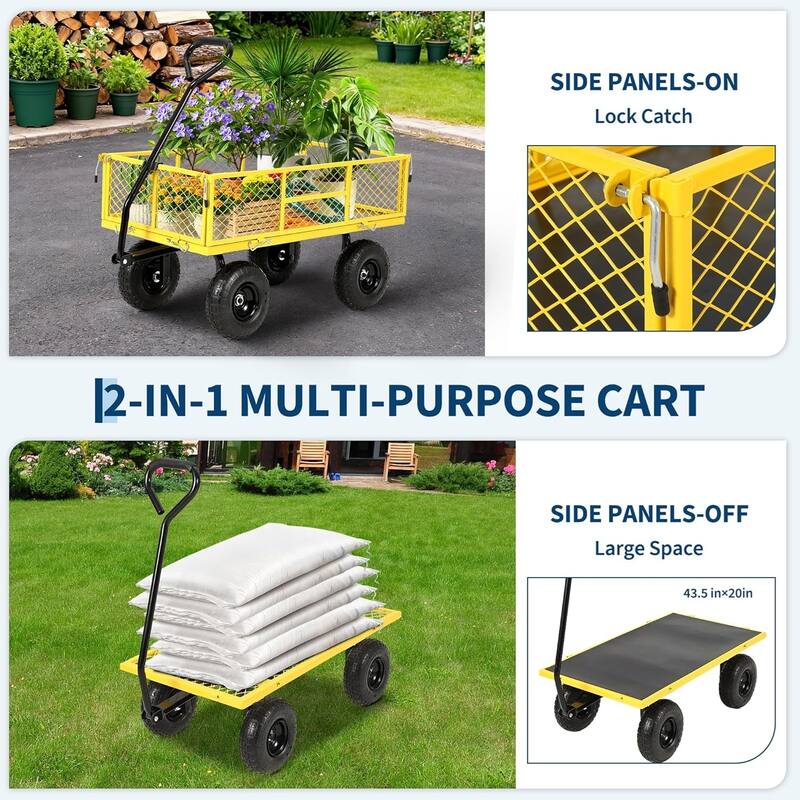 900-lb Capacity Steel Garden Cart Removable Mesh Sides Convert to Flatbed and 180Degree Rotating Handle Yellow