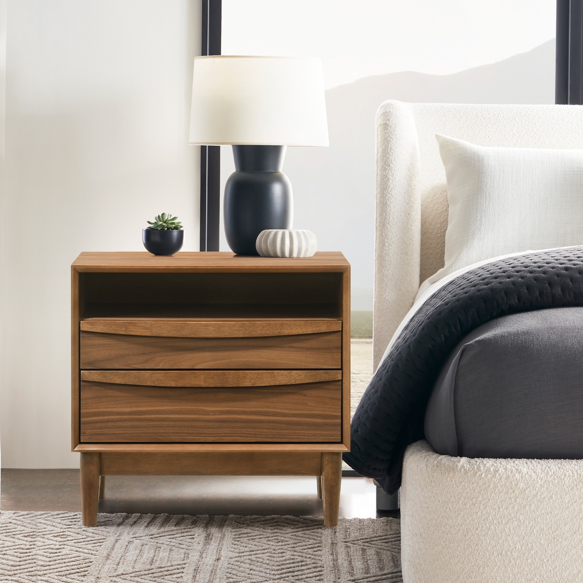 Artemio Black or Walnut Wood Mid-Century Modern 2-Drawer Nightstand End Table with Shelf