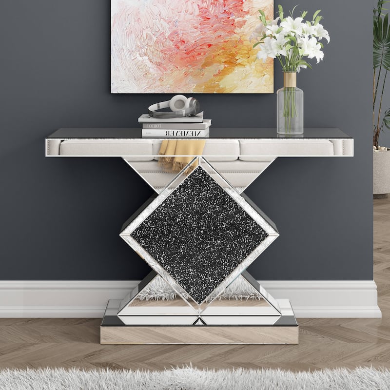 Mirrored Console Table with Black Crushed Diamond Inlay